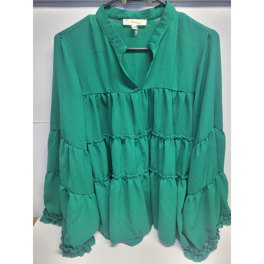 Andree by UNIT Green Tiered Ruffled V‎ Neck Long Sleeve Blouse Womens Medium